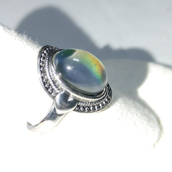 Mood Ring Silver Alloy Band Size 7 Oval Color Changing Gemstone Heart Accent - Picture 6 of 8